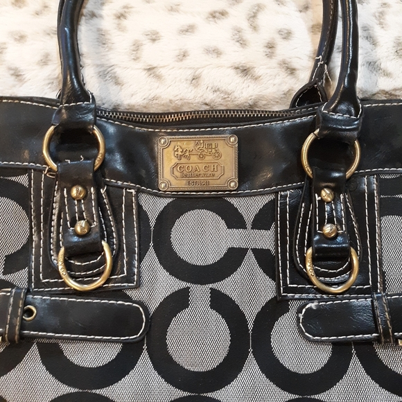 Coach Signature Black Canvas Leather Satchel Bag - Picture 2 of 9